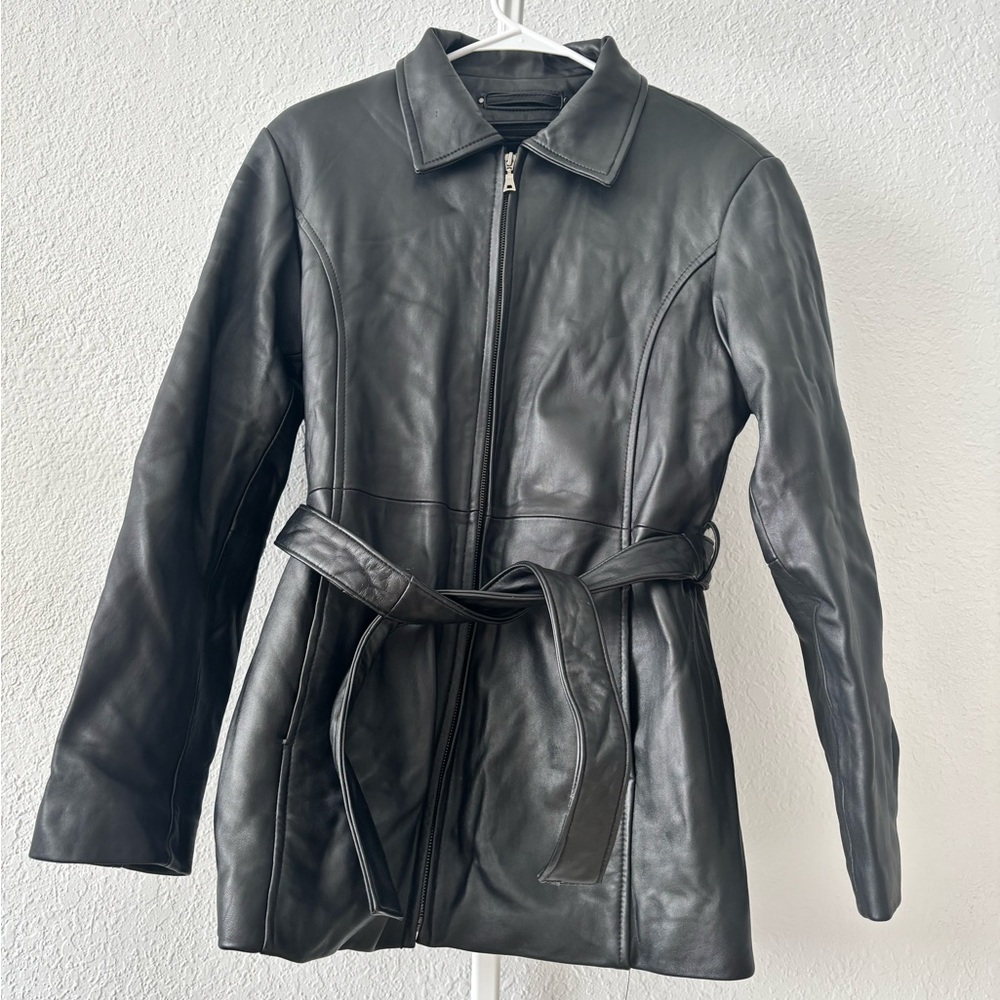 Elegant Black Leather Belted Jacket